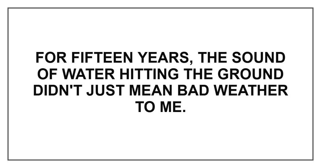 For fifteen years, the sound of water hitting the ground didn't just mean bad weather to me. For fifteen years, the sound of water hitting the ground didn't just mean bad weather to me.