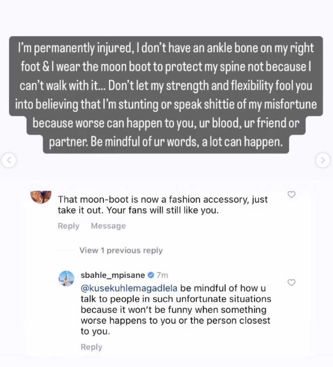 Sbahle Mpisane called out the people trolling her injury Sbahle Mpisane called out the people trolling her injury