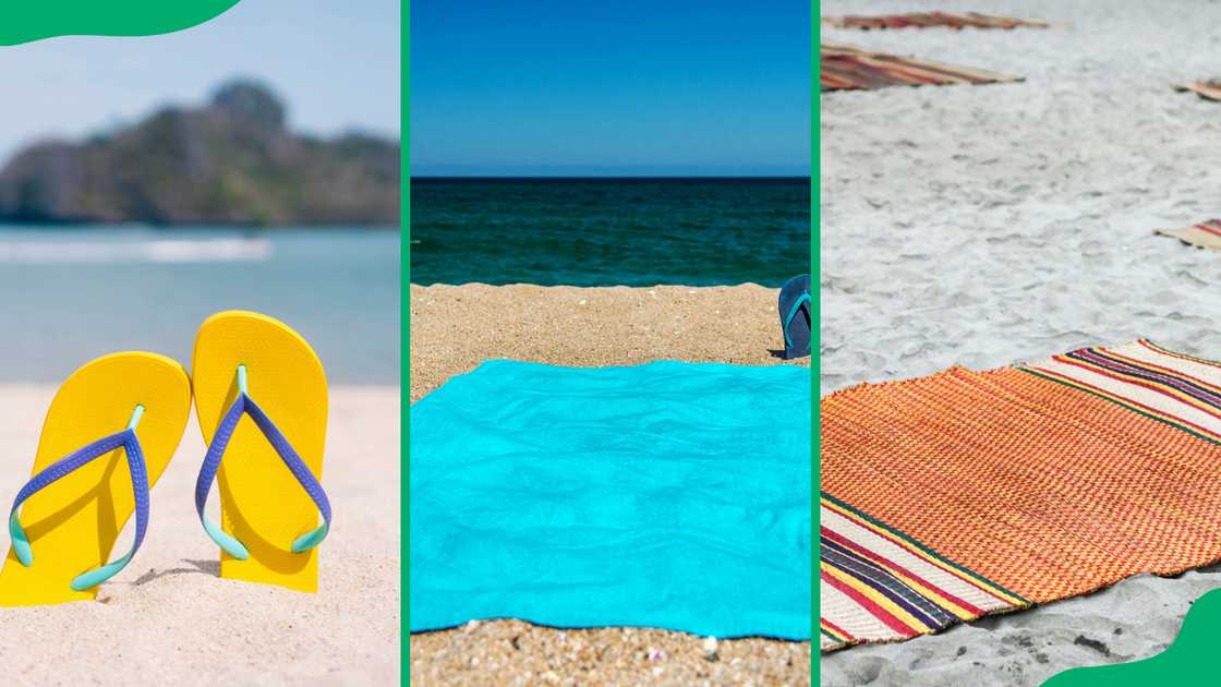 Yellow flip-flops on the white sand beach (L), Blue sandal flip-flops and towel (C) and multi-coloured beach mats (R)