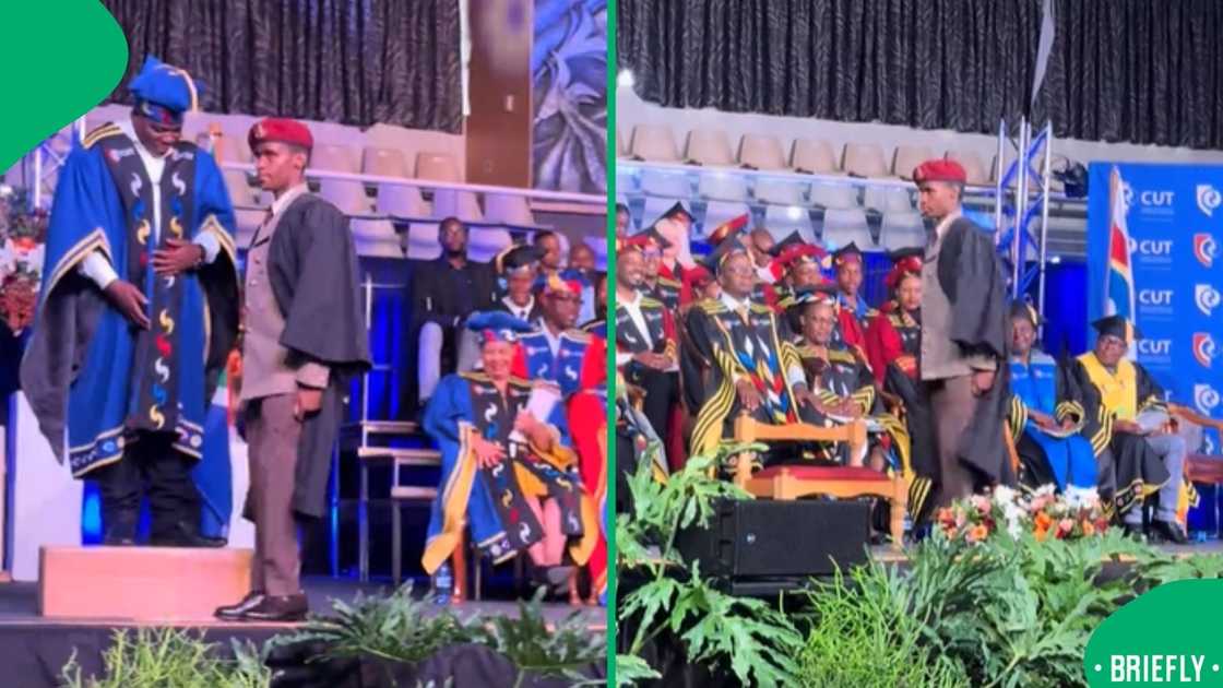 The visual on the left showed SANDF member saluting on stage The visual on the left showed SANDF member saluting on stage
