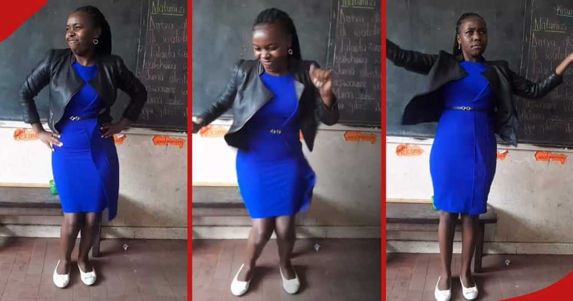 Teacher Cillah happily and vigorously dancing. Teacher Cillah happily and vigorously dancing.