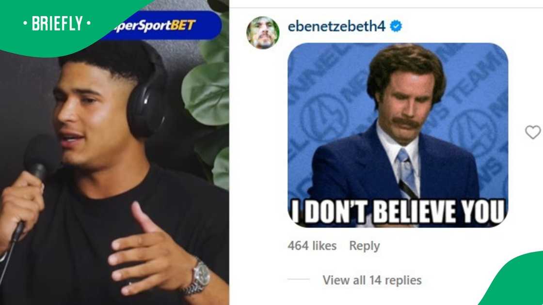 Sacha Feinberg-Mngomezulu shared what Eben Etzebeth said to him, which Eben denied with a meme. Sacha Feinberg-Mngomezulu shared what Eben Etzebeth said to him, which Eben denied with a meme.