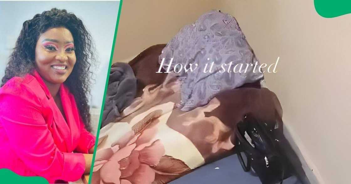 Woman shows a home glow-up video. Woman shows a home glow-up video.
