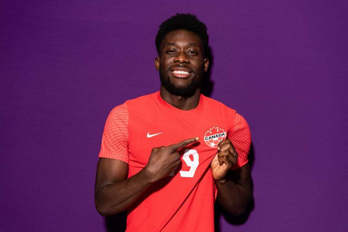 Alphonso Davies during the official FIFA World Cup Qatar 2022 portrait session in Doha, Qatar. Alphonso Davies during the official FIFA World Cup Qatar 2022 portrait session in Doha, Qatar.