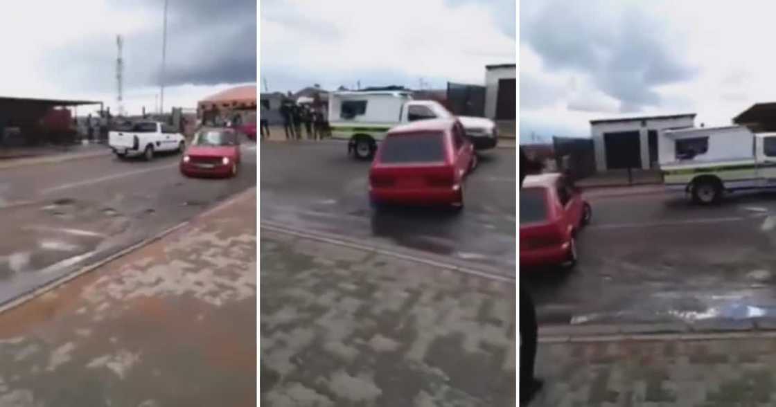 A gent performed some stunts and nearly hit a police car while drifting.