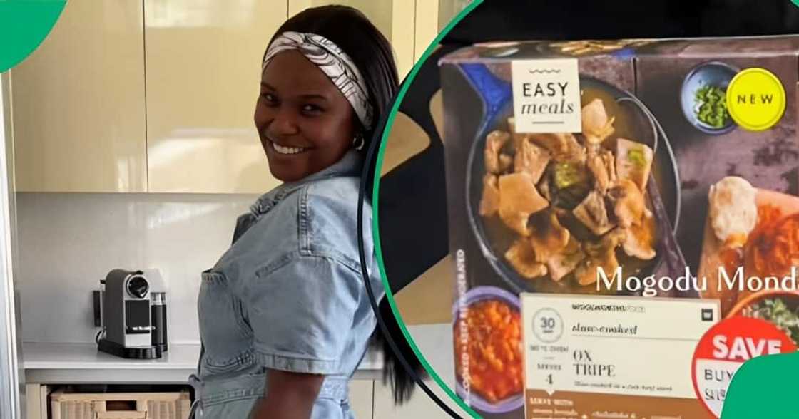 A TikTok video shows a woman cooking Mogodu, which she bought from Woolworths.