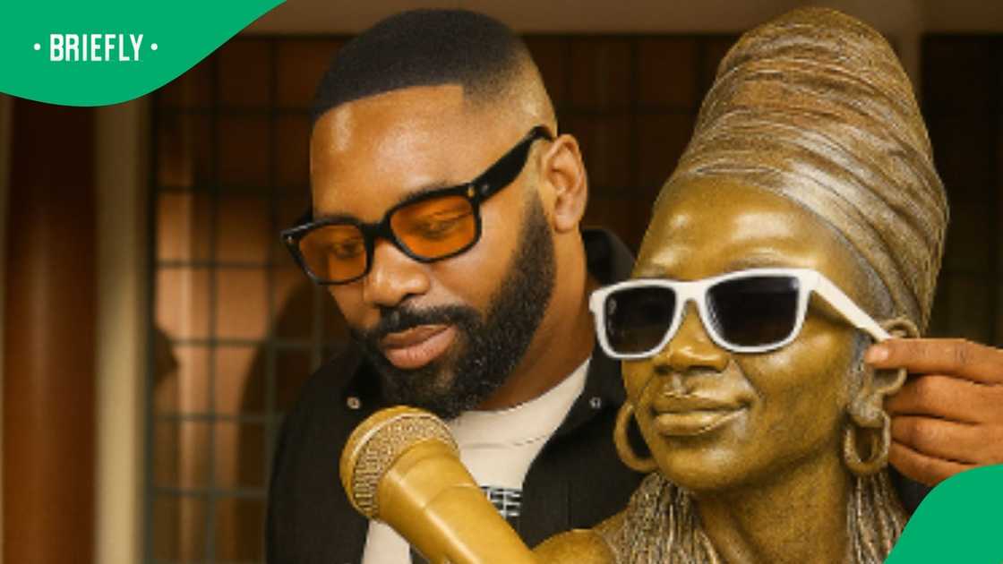 Bongani Fassie stands next to a statue of Brenda Fassie.