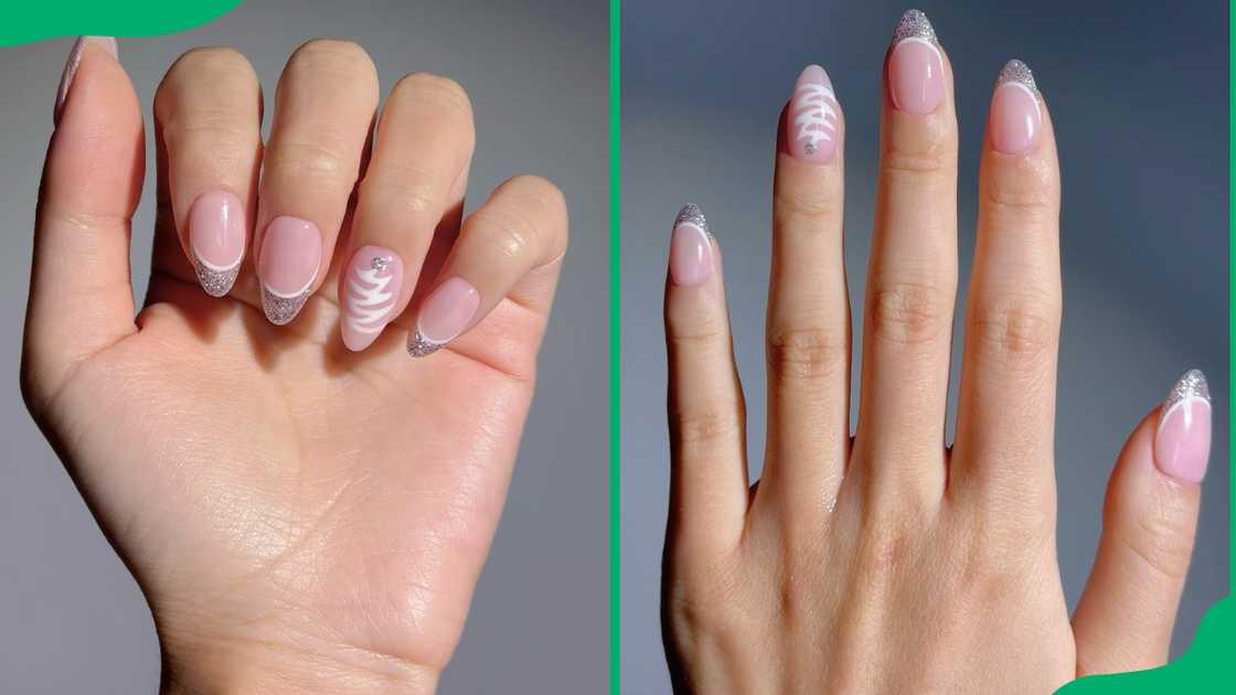 Silver and white christmas tree nail design Silver and white christmas tree nail design