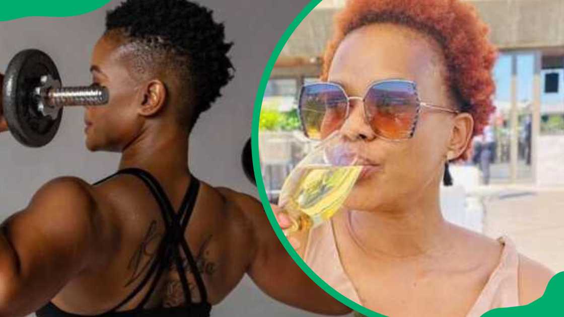 Actress Tsholo during a gym session and enjoying a drink Actress Tsholo during a gym session and enjoying a drink