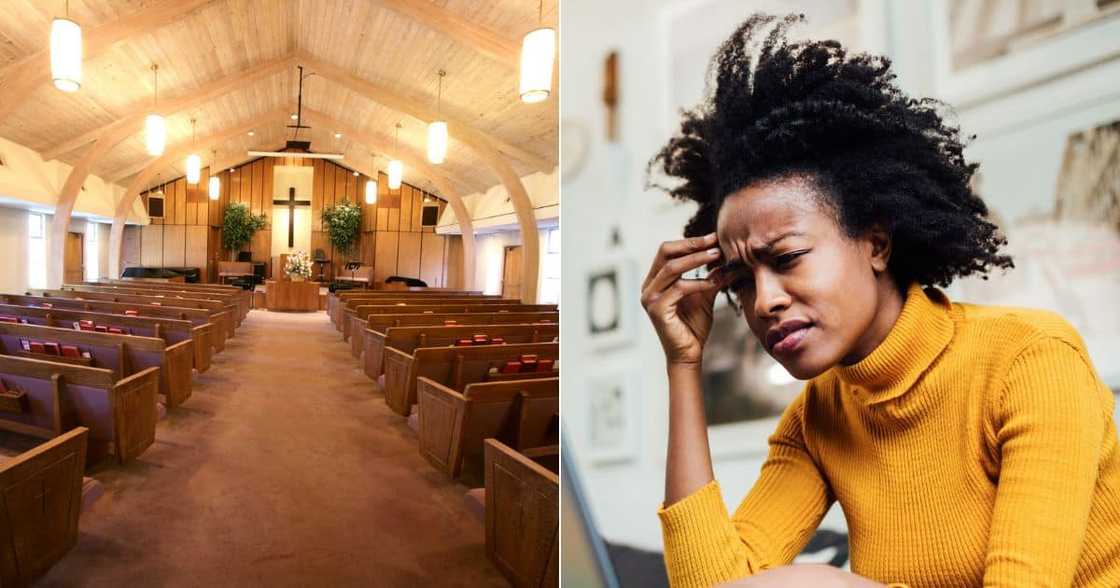 Church, lady looking troubled Church, lady looking troubled