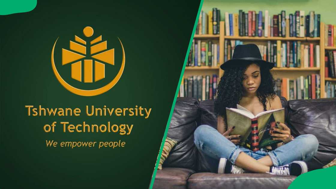 TUT logo and a student in the library TUT logo and a student in the library