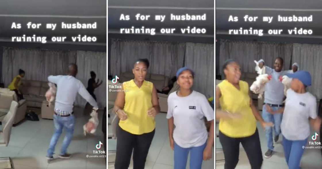 Man chasing two woman with live chickens Man chasing two woman with live chickens