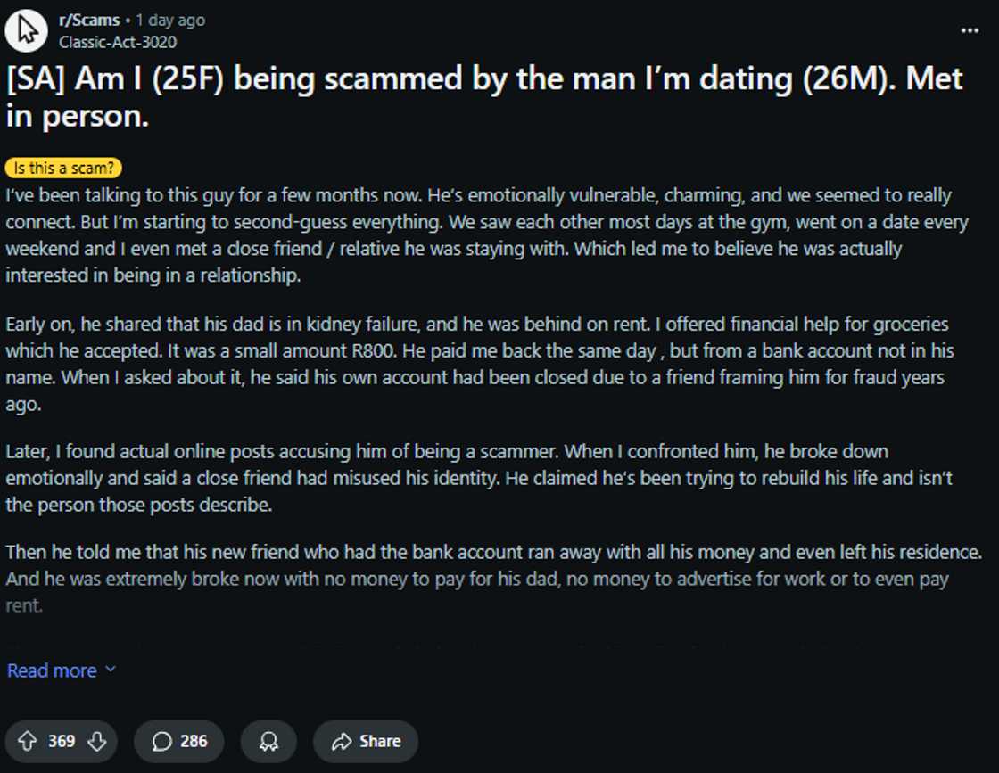 A Mzansi woman shared her concerns and doubts about a boyfriend who often raised financial crises