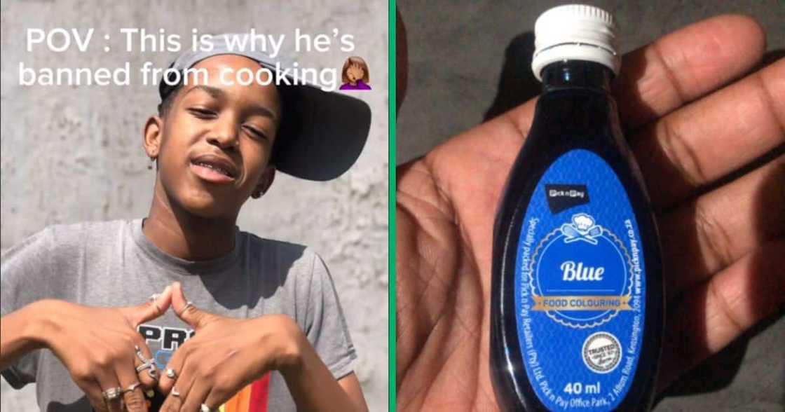A young man cooked a pot of bright blue pap for dinner A young man cooked a pot of bright blue pap for dinner