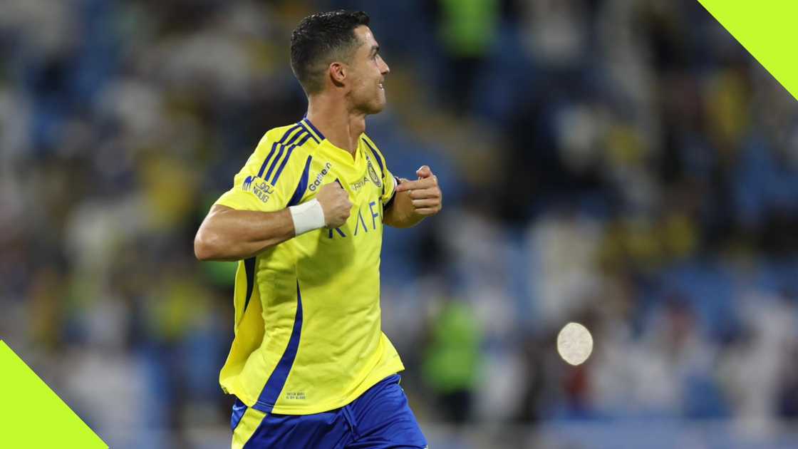 Cristiano Ronaldo wheels away in celebration after netting in the Saudi Pro League. Cristiano Ronaldo wheels away in celebration after netting in the Saudi Pro League.