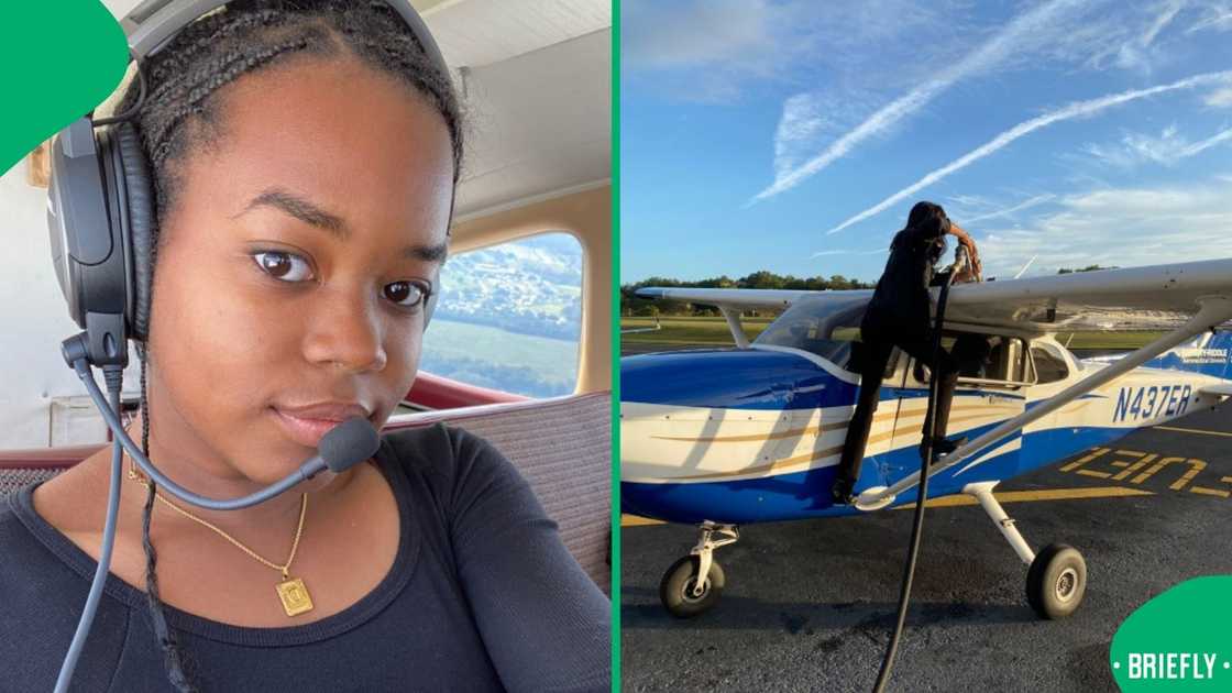 A female pilot working on a plane.