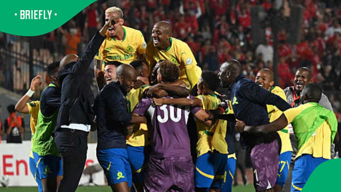 Mamelodi Sundowns celebrate after scoring in the CAF Champions League semi-final against Al Ahly Mamelodi Sundowns celebrate after scoring in the CAF Champions League semi-final against Al Ahly
