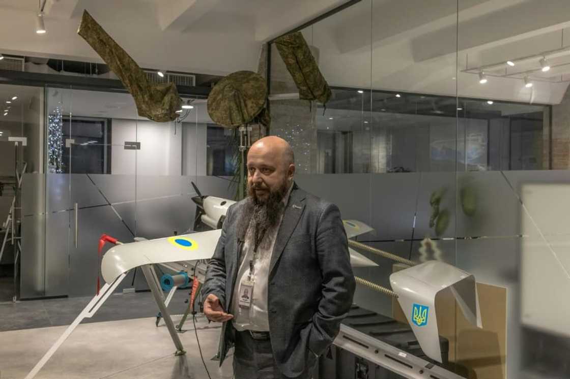 CEO Andriy Fialkovsky poses with a Raybird long-range surveillance drone at Skyeton's confidential factory CEO Andriy Fialkovsky poses with a Raybird long-range surveillance drone at Skyeton's confidential factory