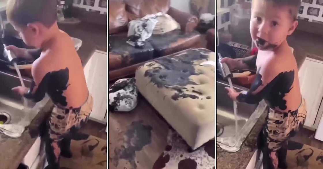 A little boy covered himself and things in his living room in black paint. A little boy covered himself and things in his living room in black paint.