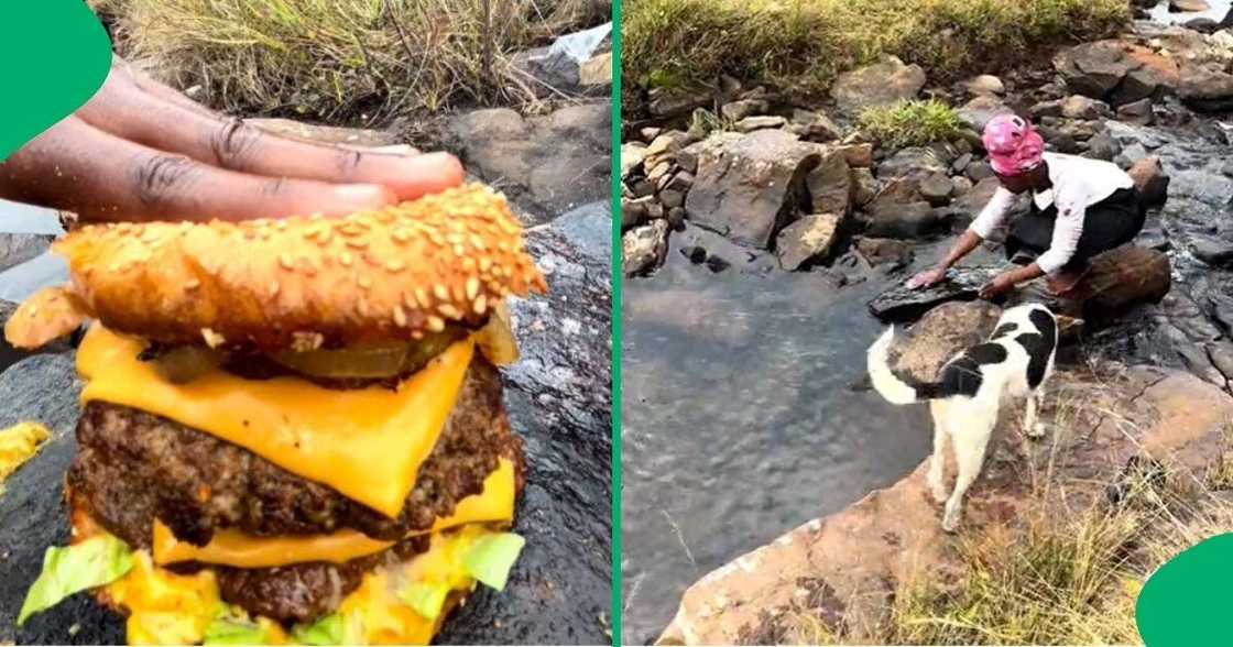 Woman cooks burger on river Woman cooks burger on river