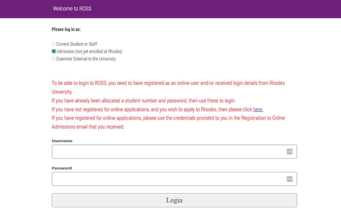 The ROSS account creation page The ROSS account creation page