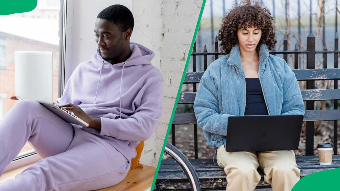 A man and a woman using laptops A man and a woman using laptops