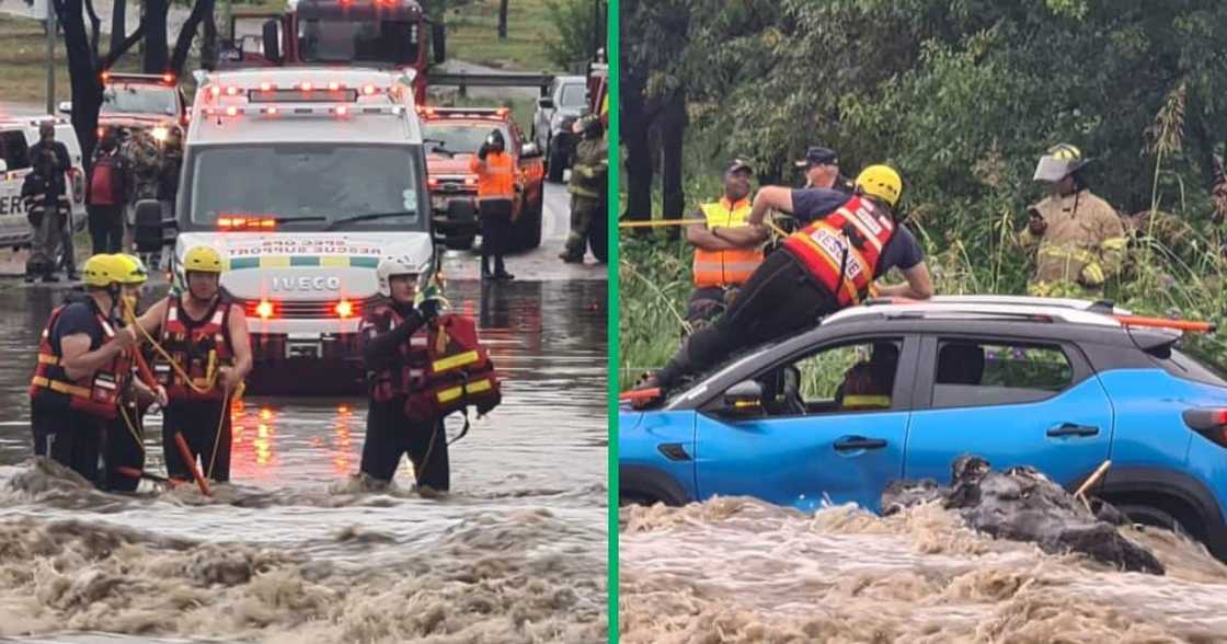 Tshwane EMS workers rescued a woman trapped in her car on a flooded road Tshwane EMS workers rescued a woman trapped in her car on a flooded road