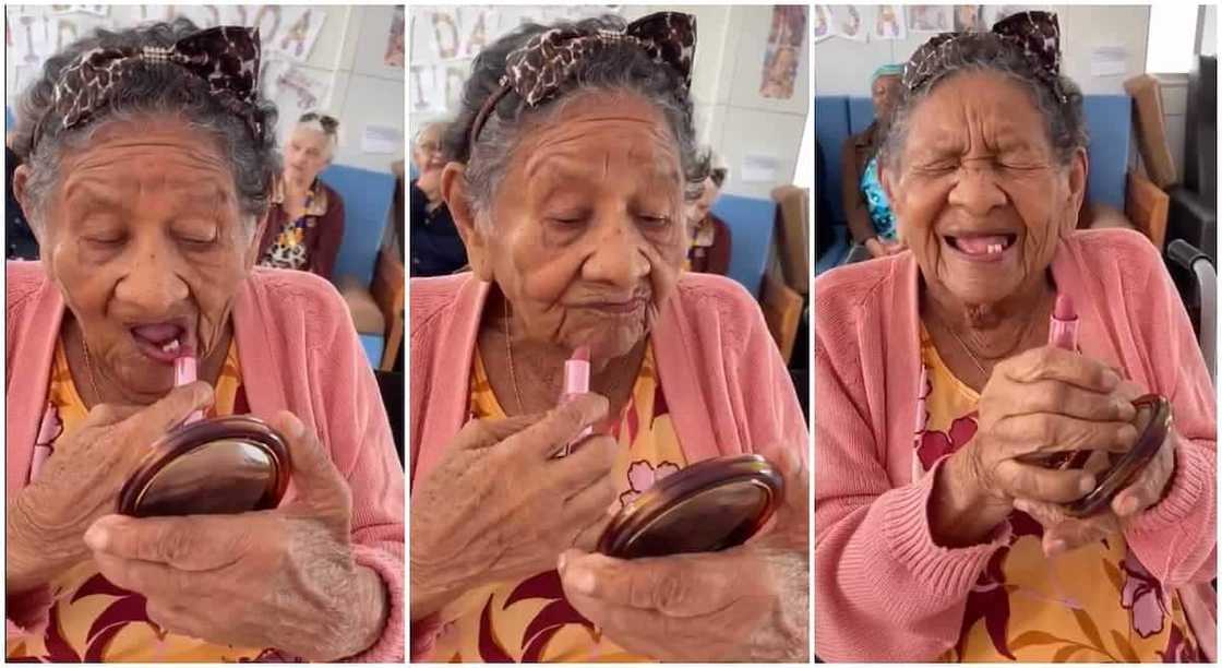 Photos of an old woman applying pink lipstick on her lips and laughing has people in their feels