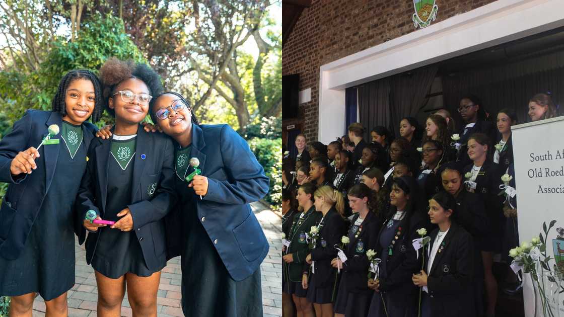 Roedean School students standing on a pavement and students on stage during an alumni event