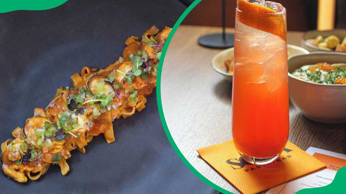 Scala Pasta/ Bar's Fettuccine Marinara and cocktail (L-R) Scala Pasta/ Bar's Fettuccine Marinara and cocktail (L-R)