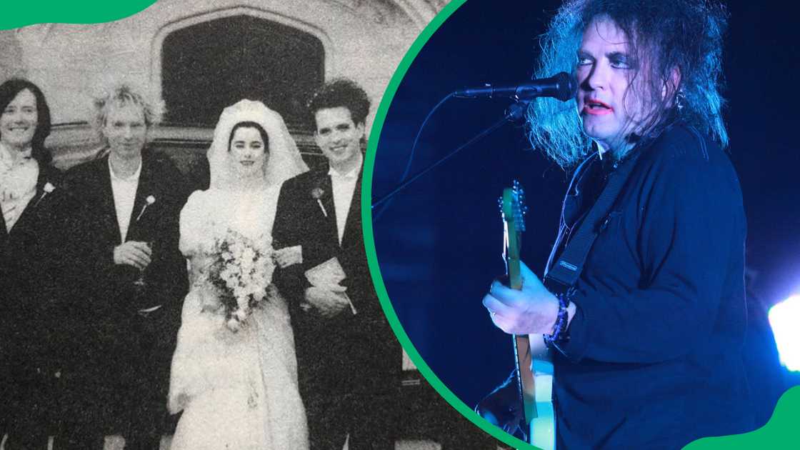 Robert Smith and Mary Poole on their wedding day and Smith performing at The Beacon Theatre in New York