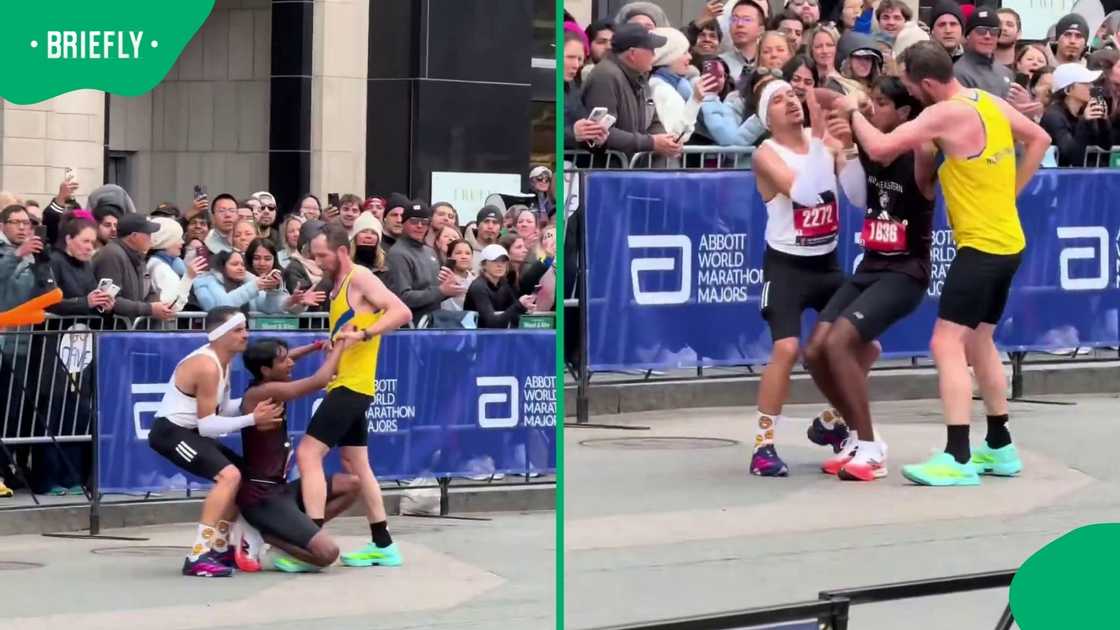 Collage showing runners at Boston marathon helping fellow athlete who had collapsed