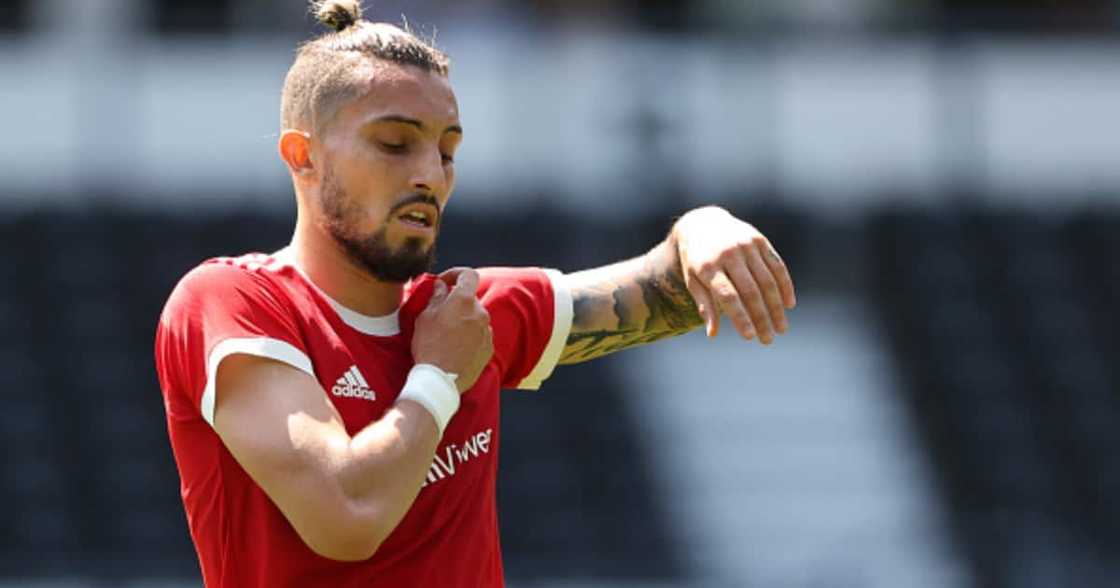 Alex Telles during a pre-season friendly between Derby County and Man United at Pride Park on July 18, 2021 in Derby, England. (Photo by Matthew Ashton - AMA/Getty Images). Alex Telles during a pre-season friendly between Derby County and Man United at Pride Park on July 18, 2021 in Derby, England. (Photo by Matthew Ashton - AMA/Getty Images).