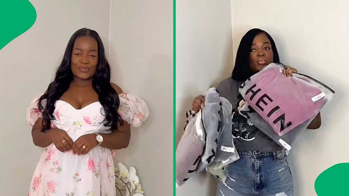 A TikTok video shows a woman unveiling her Shein haul.