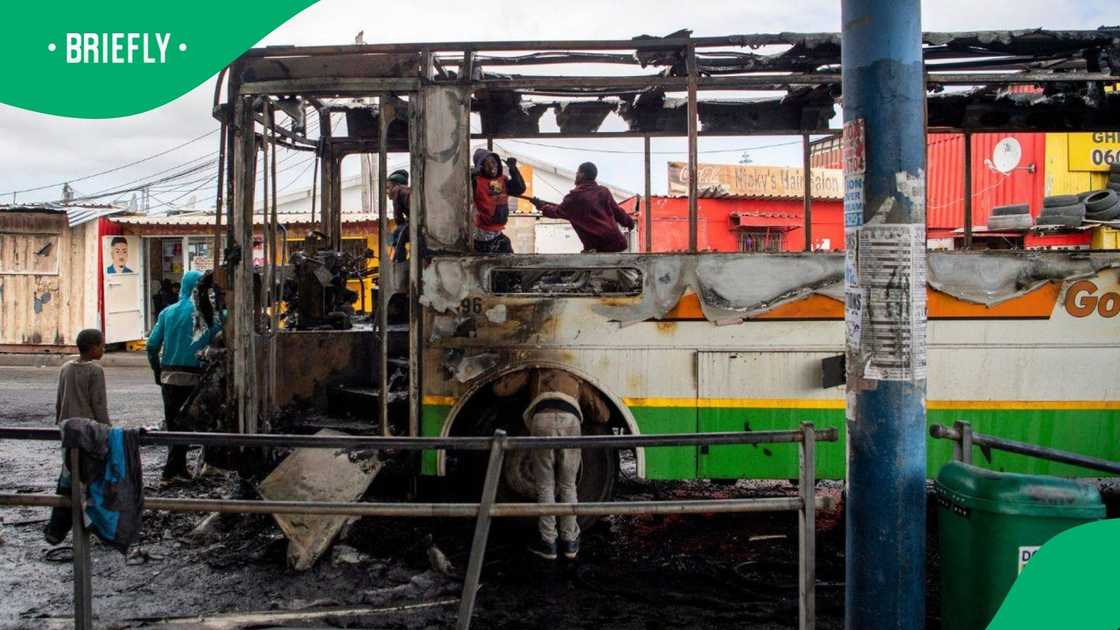 A bus was torched during a petrol bomb attack in Cape Town A bus was torched during a petrol bomb attack in Cape Town