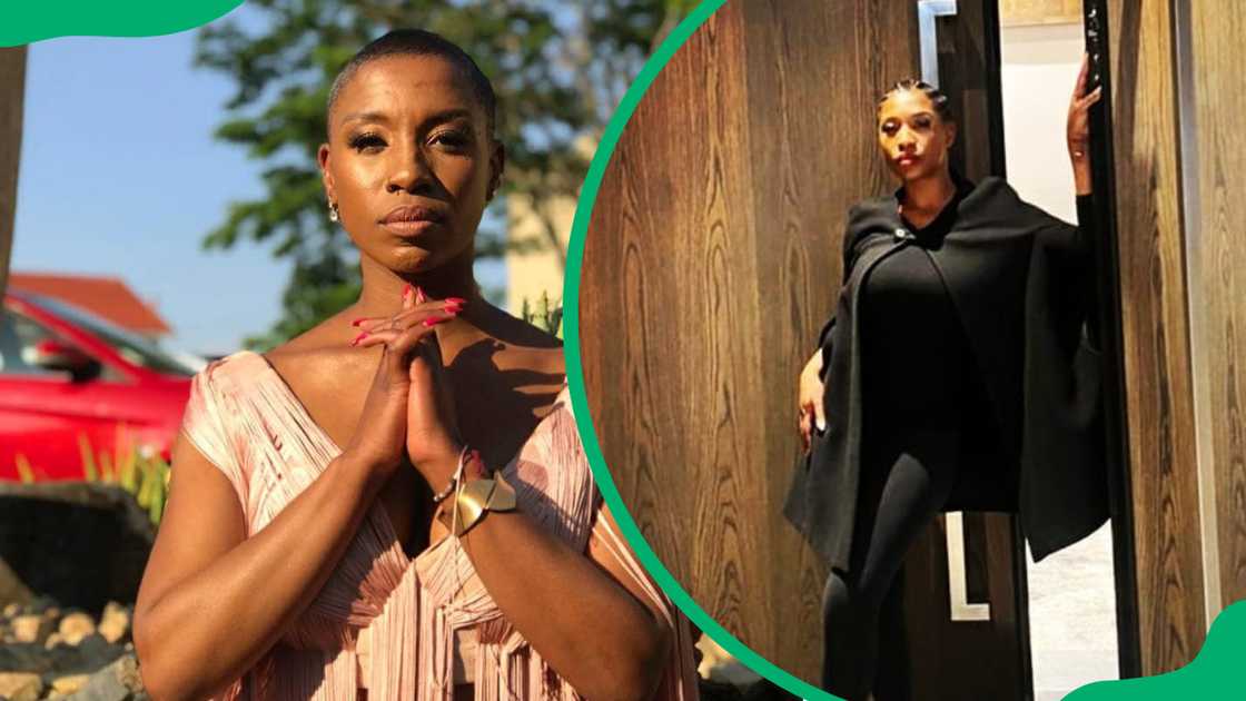 Busi Lurayi poses in rose gold and black outfits