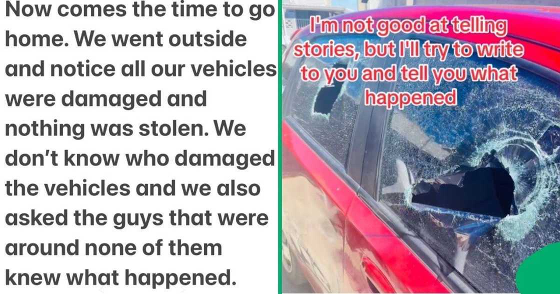 A gentleman and his friends came out of the groove and found their cars damaged. A gentleman and his friends came out of the groove and found their cars damaged.