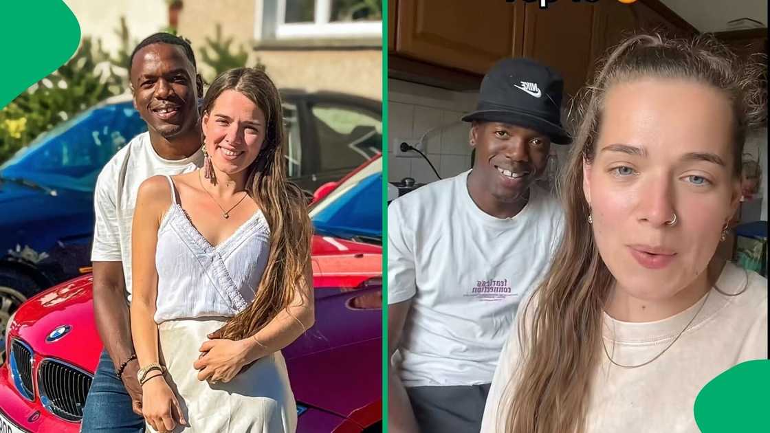 A TikTok video shows a South African man teaching his white wife and kid to speak Zulu.