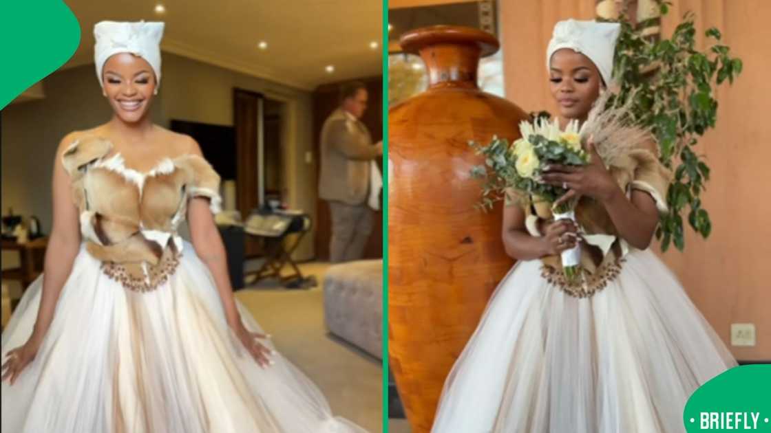 The unique gown featuring animal fur-inspired details and earthy tones captures Mzansi’s admiration