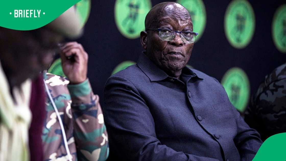 Former South African President Jacob Zuma attends a media briefing for his party uMkhonto we Sizwe (MK), on June 18, 2026, at Cedar Woods Hotel in Sandton, South Africa