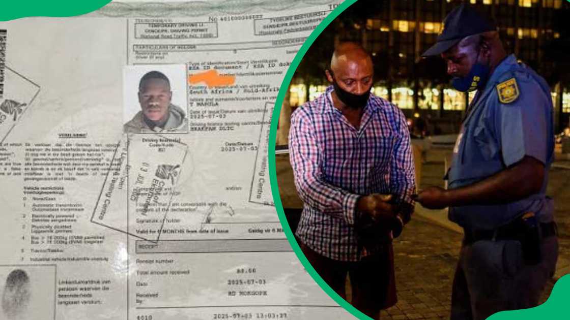 A temporary driver's licence, and a South African police officer checking a motorist's driving licence A temporary driver's licence, and a South African police officer checking a motorist's driving licence