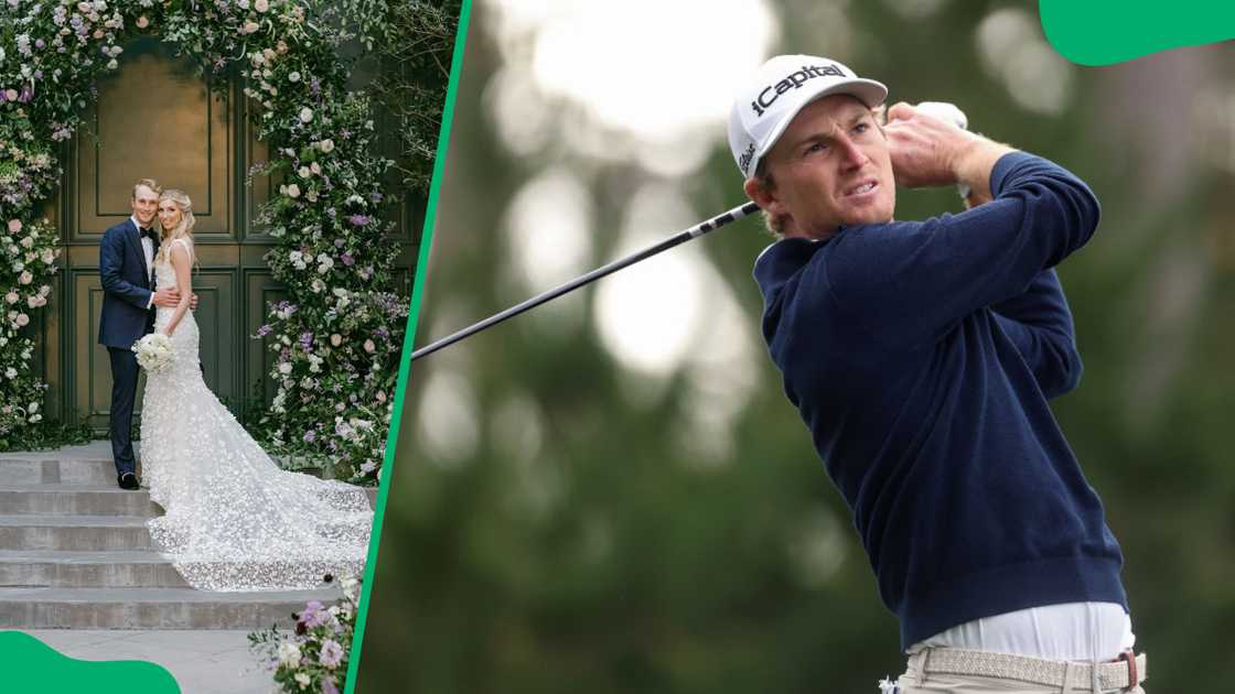 Caitlin Sellers and Will Zalatoris during their 2022 wedding (L). The sportsman at the Spyglass Hill golf course in 2025 (R)