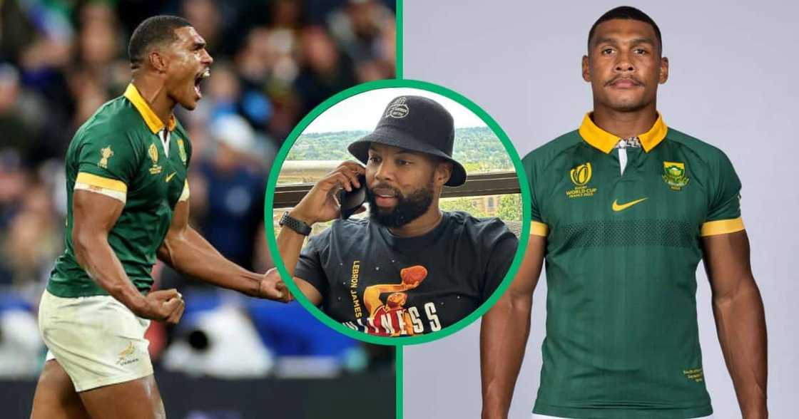 Sizwe Dhloo reacts to Damian Willemse's kit