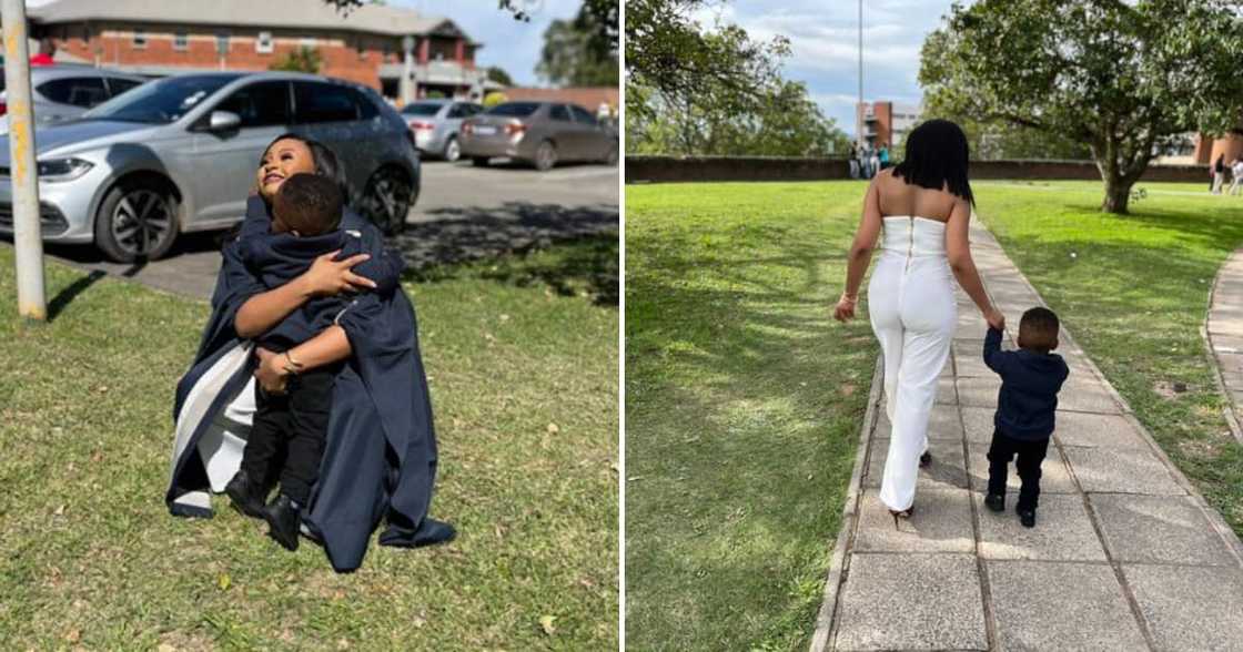 Twitter user @IamMilekaGobodo took her son with her to graduation Twitter user @IamMilekaGobodo took her son with her to graduation