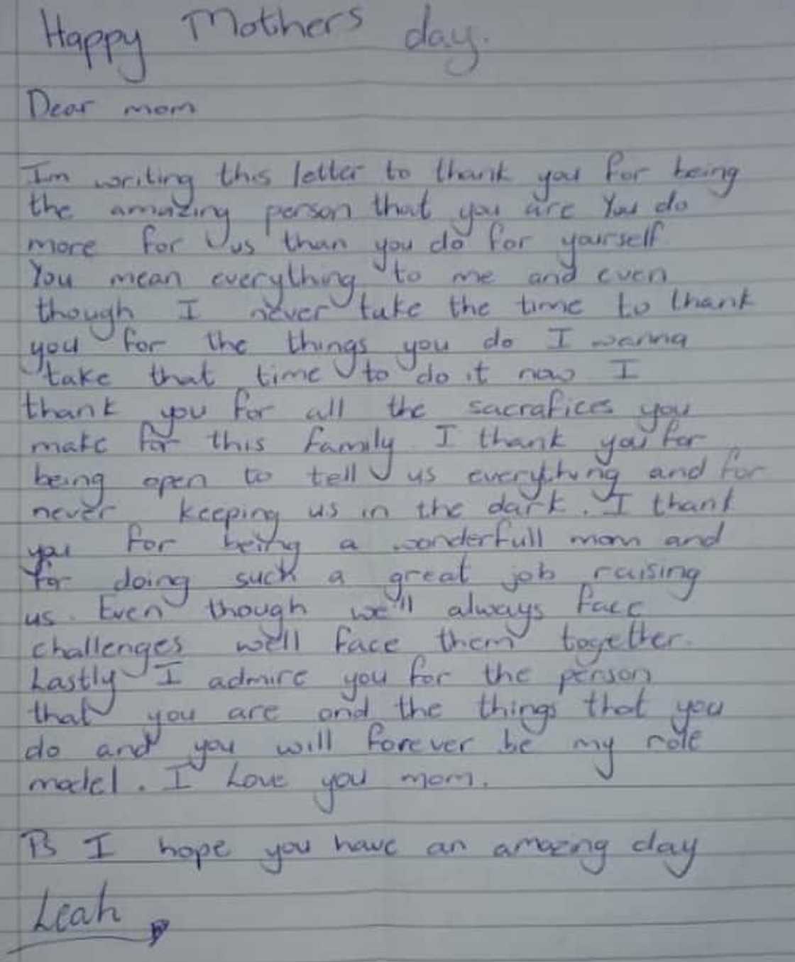 Melanie Canham's daughter penned a lovely letter for her on Mother's Day. Source: Melanie Canham/Facebook Melanie Canham's daughter penned a lovely letter for her on Mother's Day. Source: Melanie Canham/Facebook