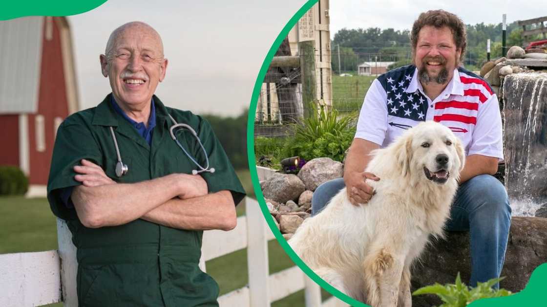 Dr. Pol rocking veterinary attire (L). Charles Pol spending time with his dog (R)