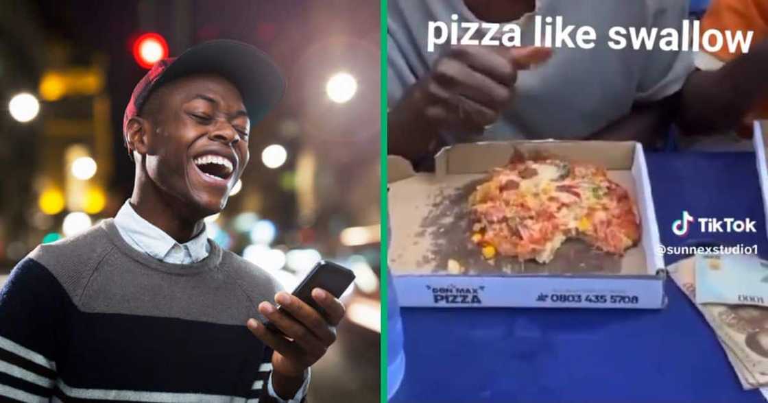 Laughing man holding a phone and a pizza image