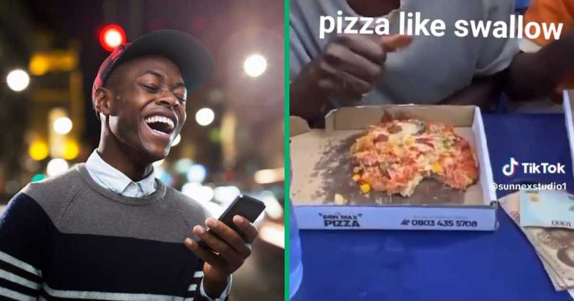 Laughing man holding a phone and a pizza image Laughing man holding a phone and a pizza image