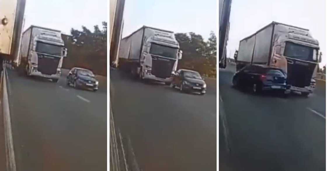 A Polo tried to overtake a truck in a video but got badly rear-ended. A Polo tried to overtake a truck in a video but got badly rear-ended.