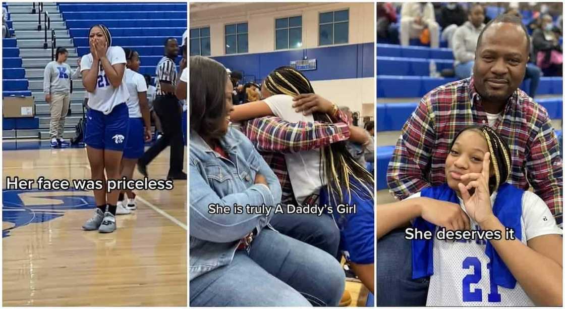 Photos of a girl passionately hugging her father at her backetball match